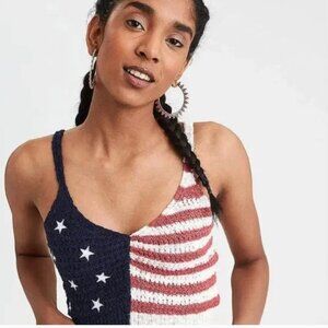 American Eagle Y2K Crochet Knit USA Flag Crop Halter Top Stars Stripes Summer M